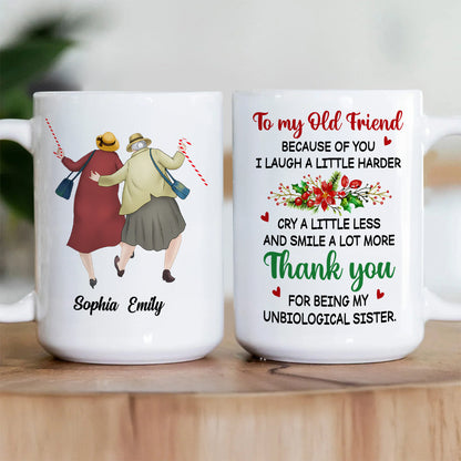 Personalized White Ceramic Mug for Best Friends Cute Senior Ladies Design, Double Sided Print, Unique Thoughtful Gift