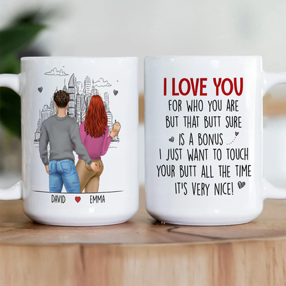 Personalized White Ceramic Mug with Hugging Couple Illustration, Funny Love Quote, Unique Romantic Gift for Partner