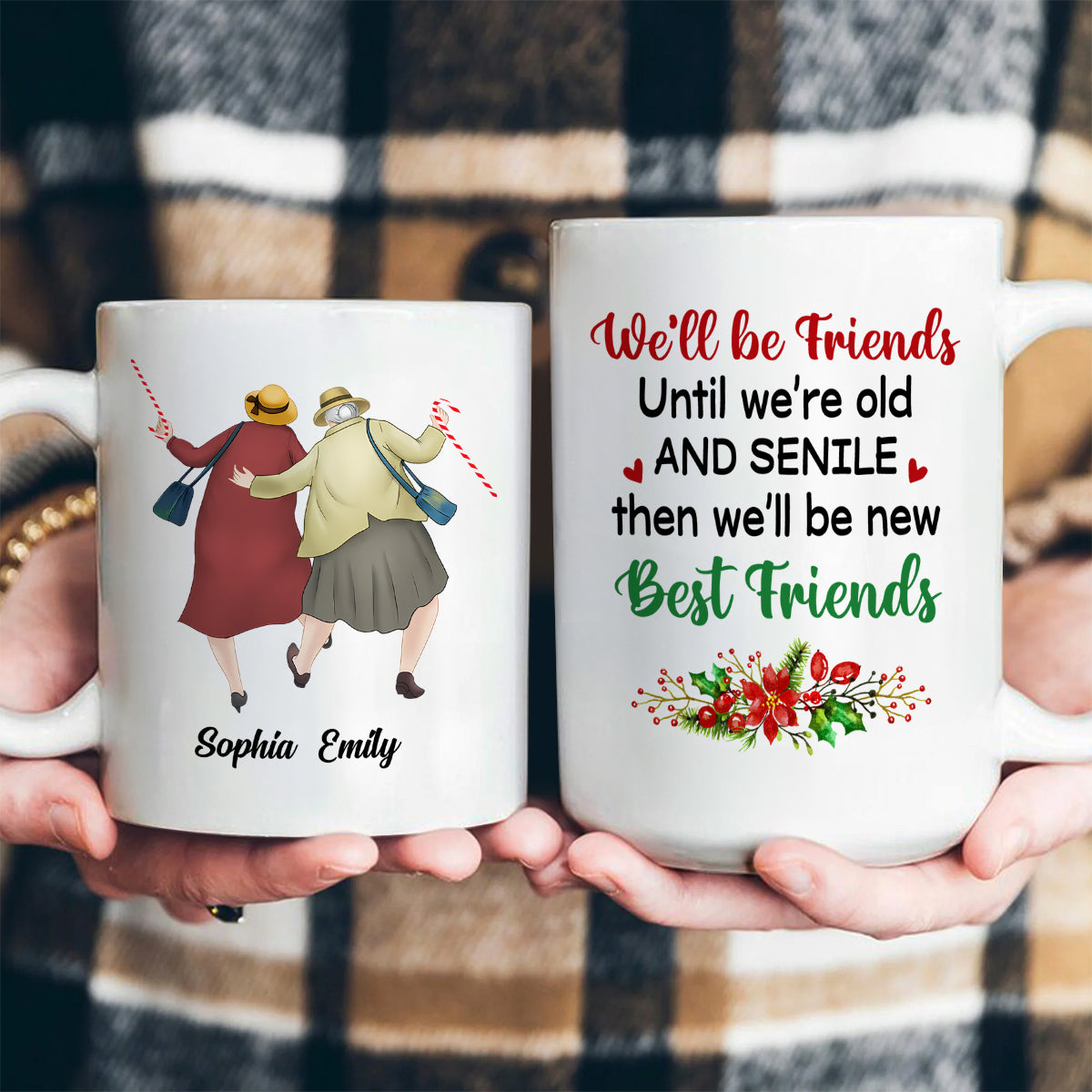Personalized White Ceramic Mug for Best Friends Cute Senior Ladies Design, Double Sided Print, Unique Thoughtful Gift