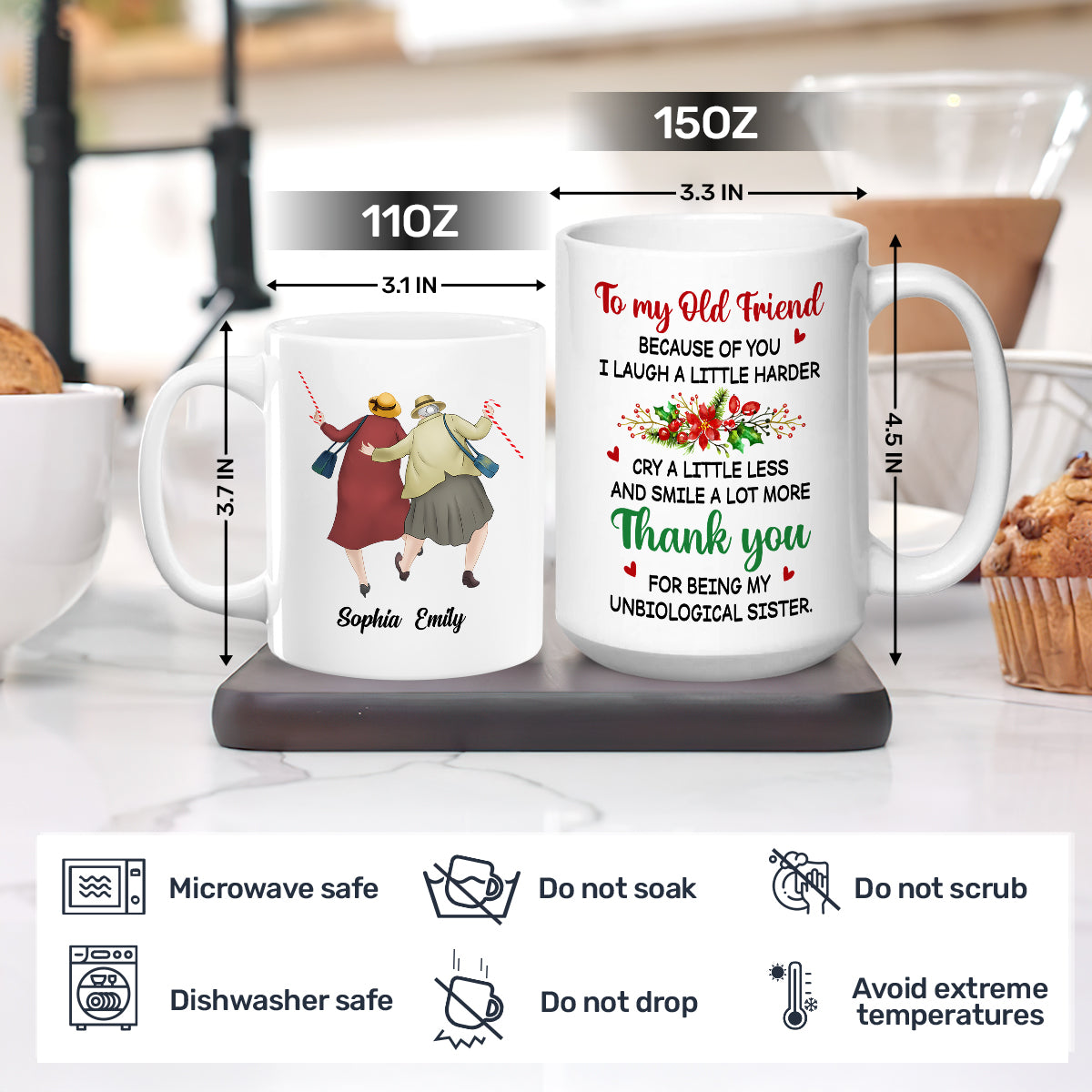 Personalized White Ceramic Mug for Best Friends Cute Senior Ladies Design, Double Sided Print, Unique Thoughtful Gift