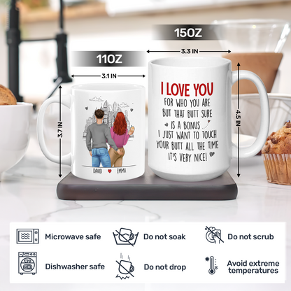 Personalized White Ceramic Mug with Hugging Couple Illustration, Funny Love Quote, Unique Romantic Gift for Partner