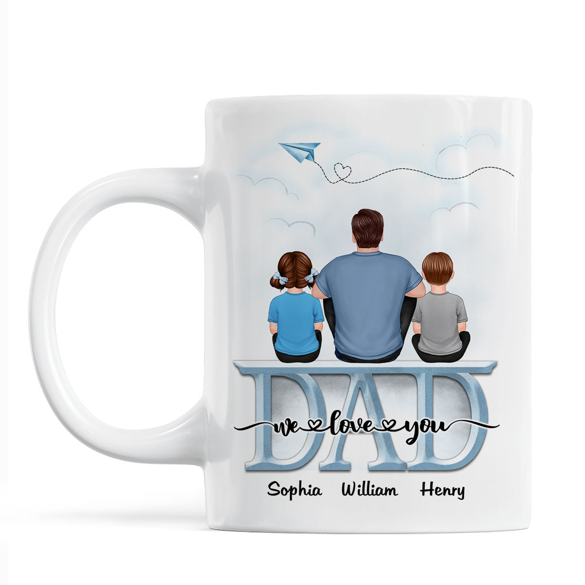 Back View Dad And Children Sitting On Word Father's Day Gift Personalized Mug