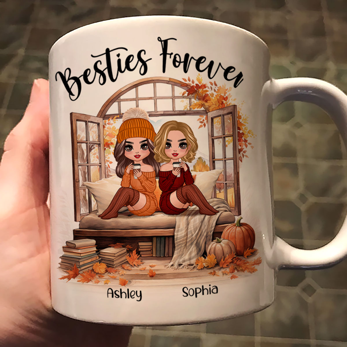 Besties Sisters Sitting Fall Season Window Personalized Mug
