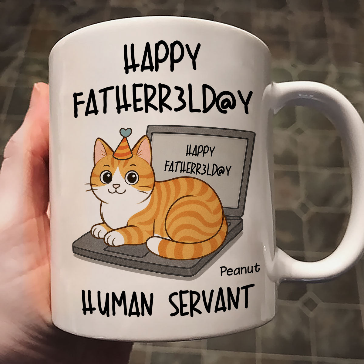 Good Morning Happy Father's Day Human Servant Funny Cats Sitting On Laptop Personalized Mug