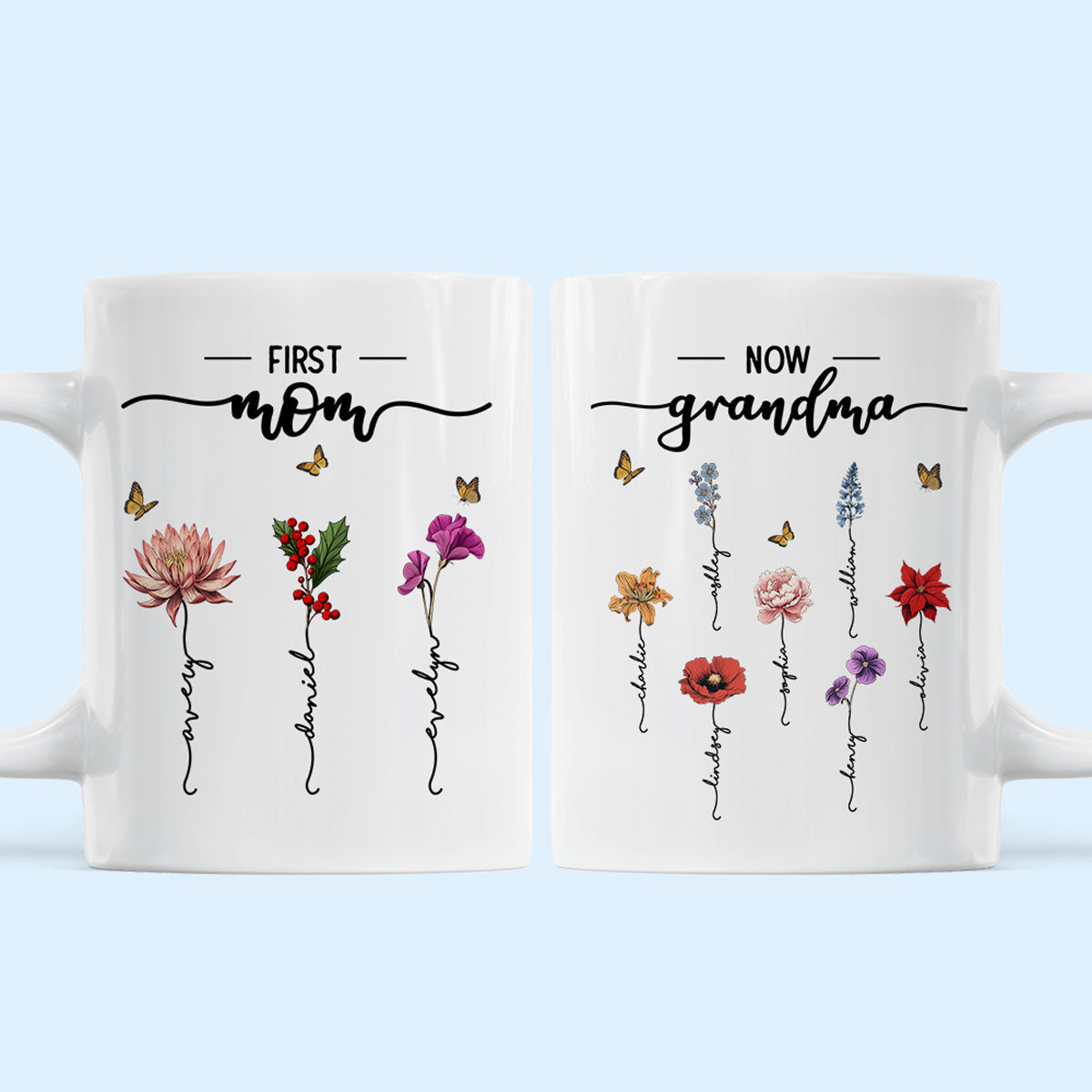 First Mom Now Grandma Birth Flower Personalized Mug