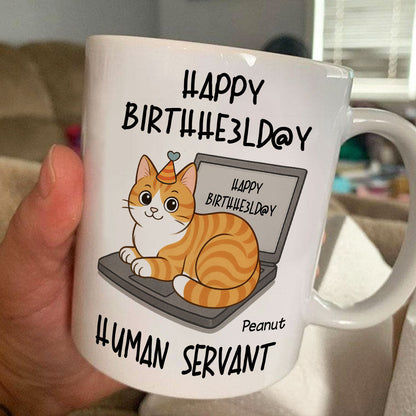 Good Morning Happy Father's Day Human Servant Funny Cats Sitting On Laptop Personalized Mug