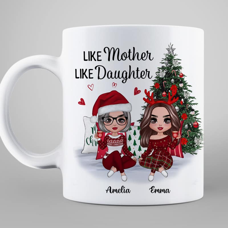 Doll Mother And Daughters Sitting Beside Christmas Tree Personalized Mug