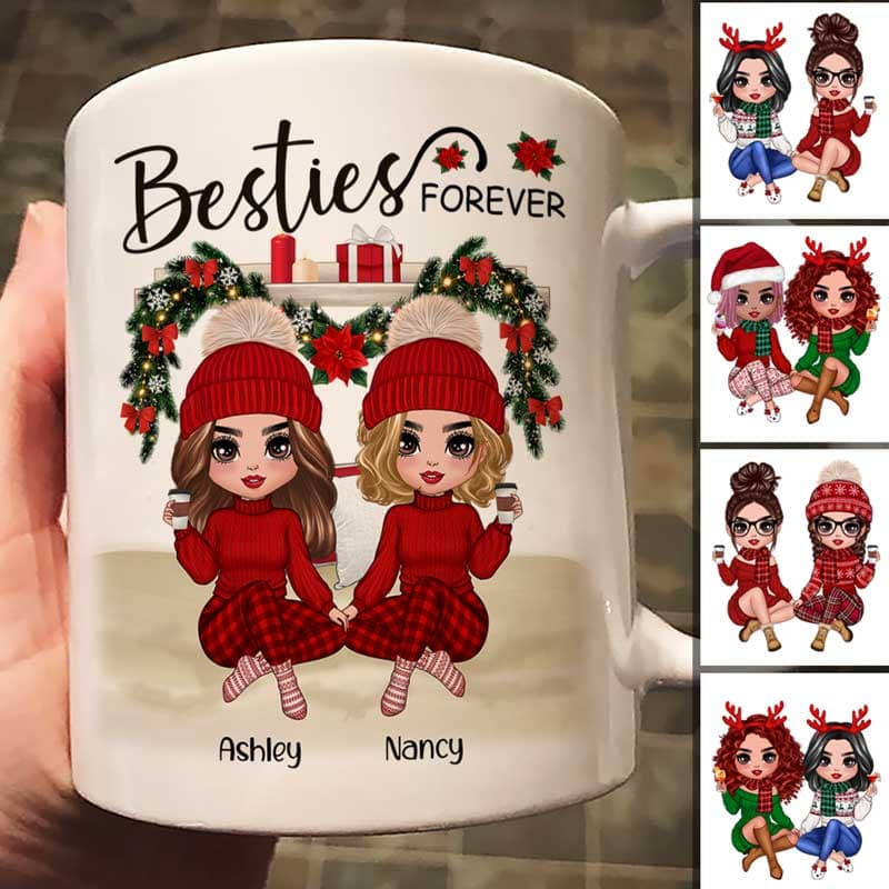 Sitting On Bed Christmas Doll Best Friends Sisters Personalized Mug