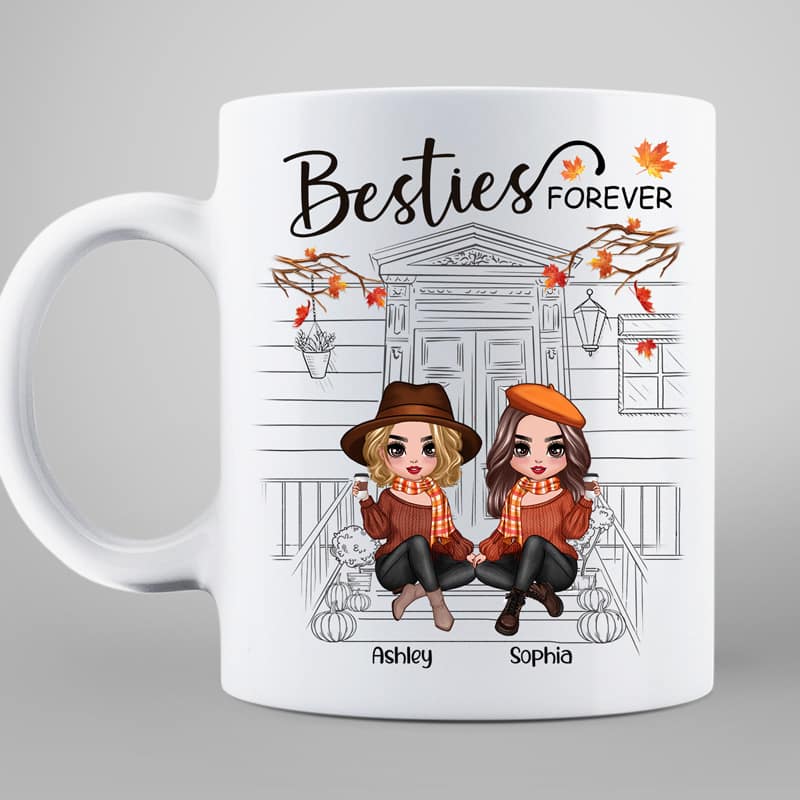 Besties Sisters Fall Season Front Porch Sketch Personalized Mug
