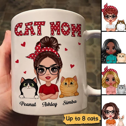 Polka Dot Pattern Doll Cat Mom Personalized Mug