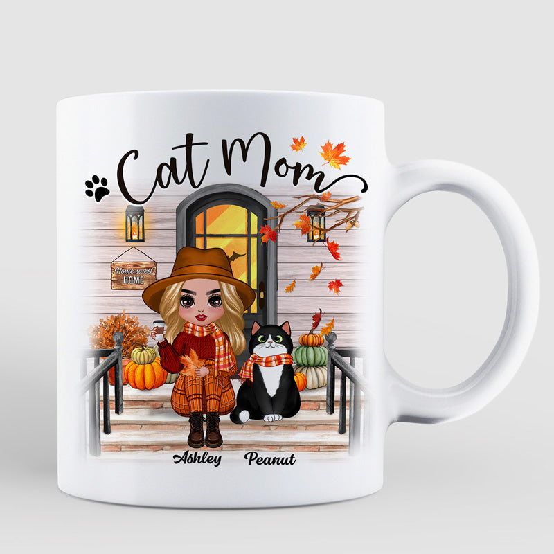 Fall Season Doll Cat Mom Front Porch Personalized Mug
