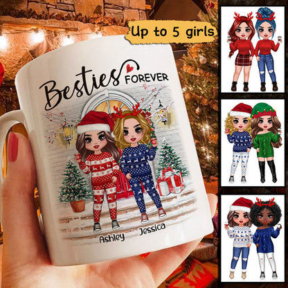 Christmas Doll Besties Standing On Front Porch Personalized Mug