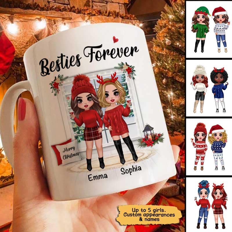 Christmas Doll Besties Standing By The Window Personalized Mug