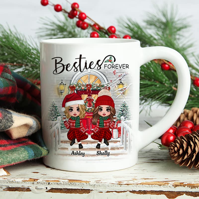 Christmas Doll Sitting Best Friends Sisters Front Porch Personalized Mug