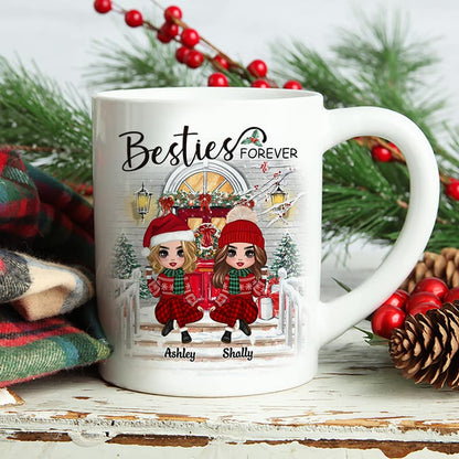 Christmas Doll Sitting Best Friends Sisters Front Porch Personalized Mug