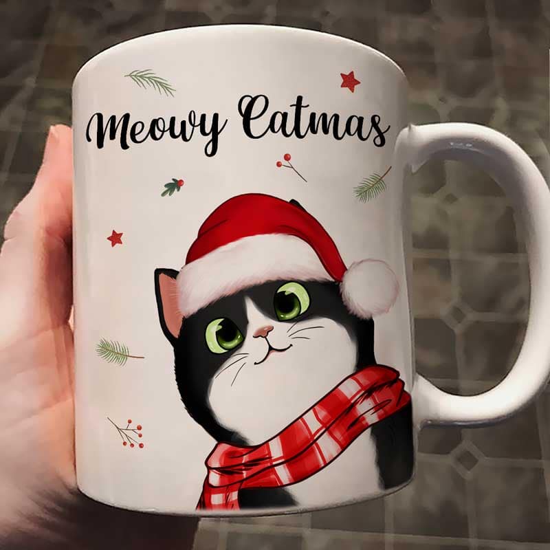 Meowy Catmas Cute Peeking Fluffy Cat Christmas Personalized Mug