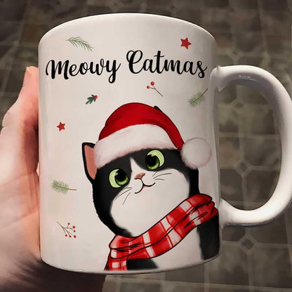 Meowy Catmas Cute Peeking Fluffy Cat Christmas Personalized Mug