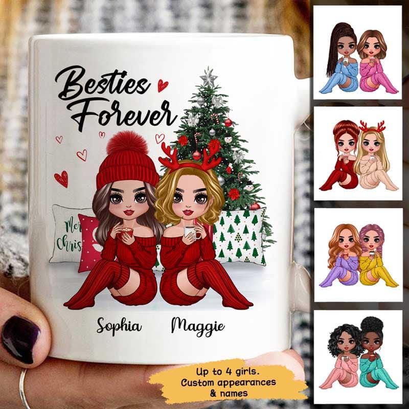 Doll Besties Sitting Beside Christmas Tree Personalized Mug