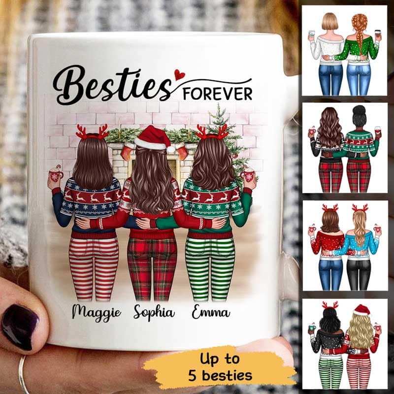 Christmas Besties Standing Back View In House Personalized Mug