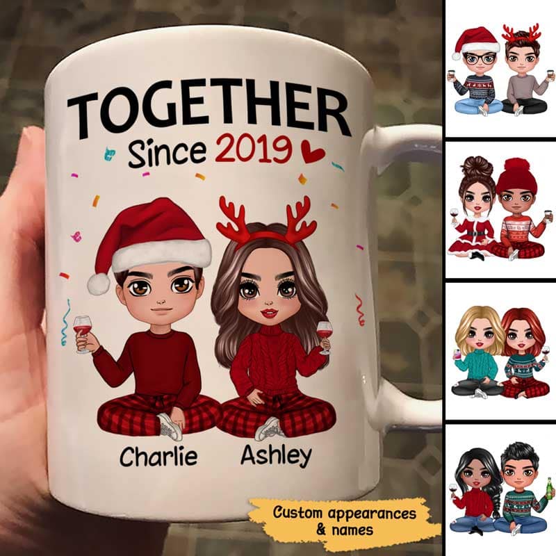 Christmas Doll Couple Sitting Confetti Personalized Mug