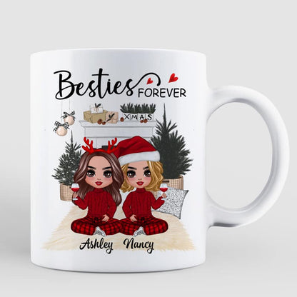 Christmas Doll Besties At Fireplace Personalized Mug