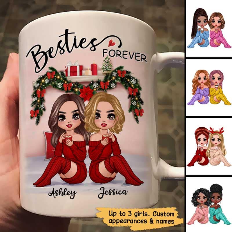 Christmas Doll Besties Sitting On Bed Personalized Mug