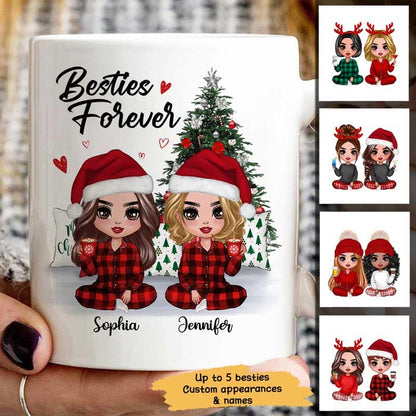 Christmas Pajamas Doll Besties Sisters Sitting Beside Christmas Tree Personalized Mug
