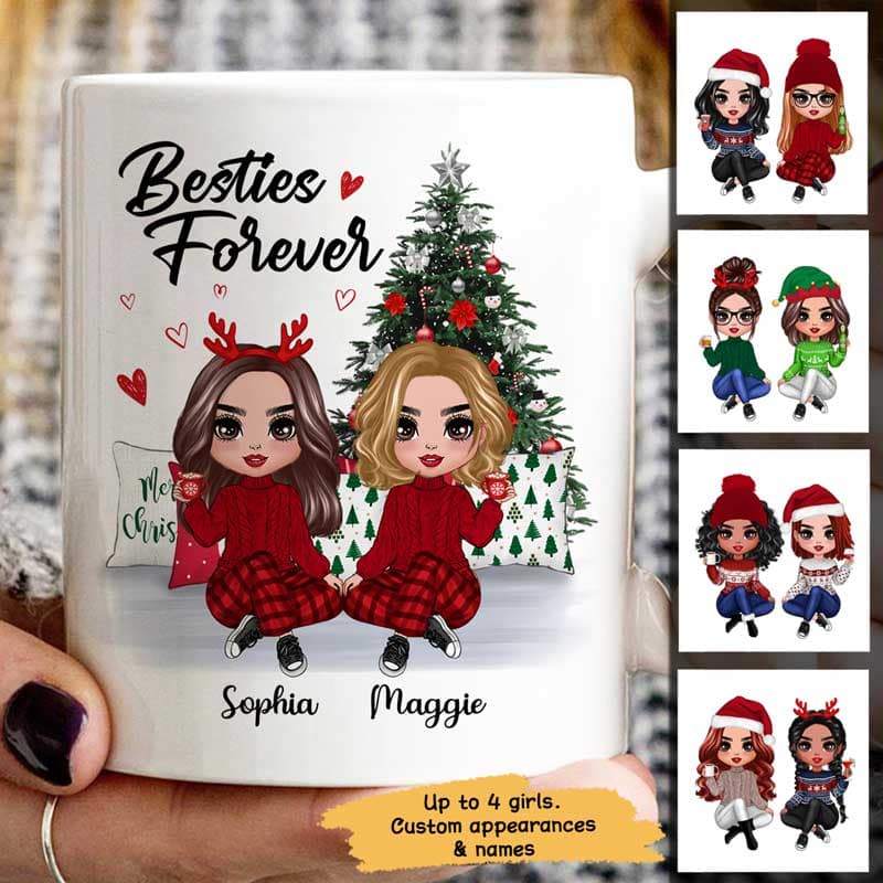 Doll Besties Best Friends Sitting Beside Christmas Tree Personalized Mug