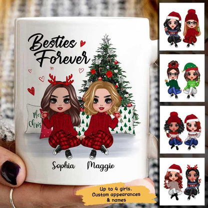 Doll Besties Best Friends Sitting Beside Christmas Tree Personalized Mug