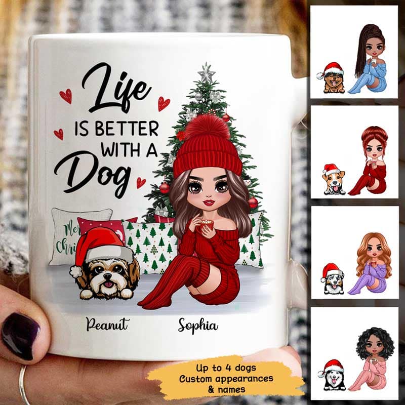 Doll Dog Mom Sitting Beside Christmas Tree Personalized Mug