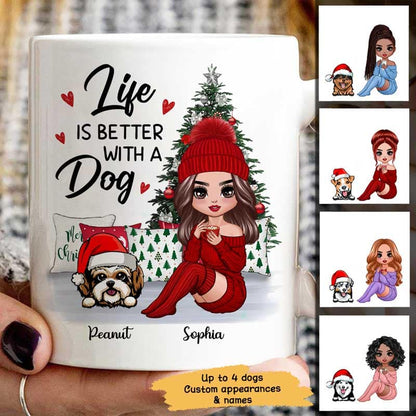 Doll Dog Mom Sitting Beside Christmas Tree Personalized Mug