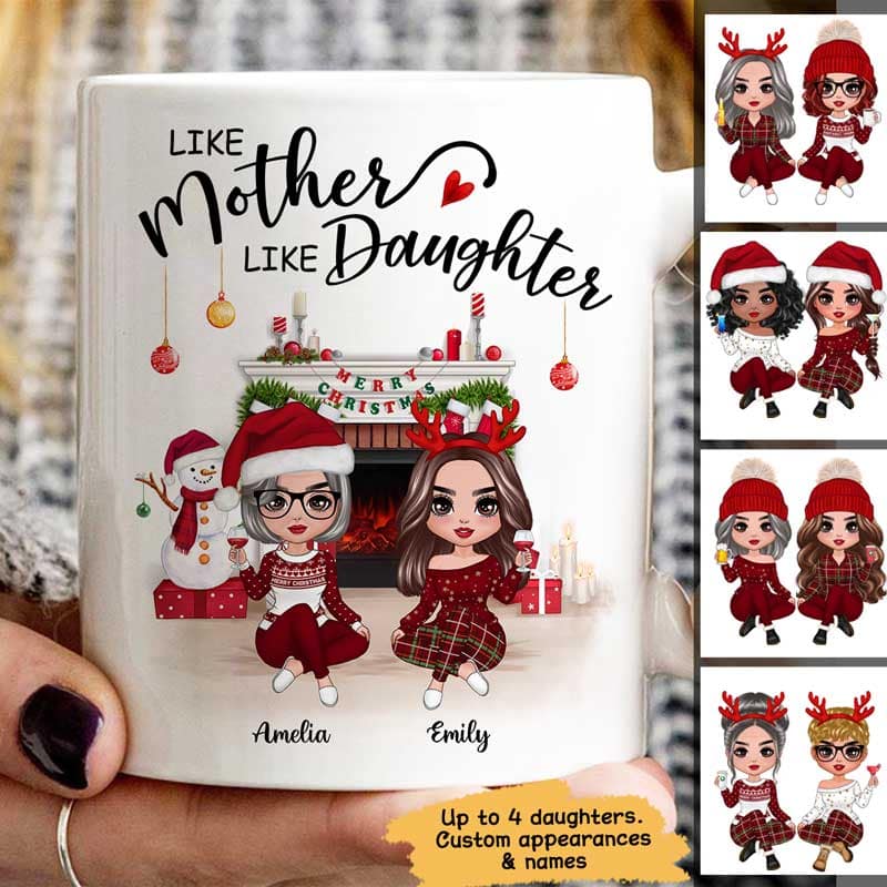 Doll Mother Daughter Sitting At Christmas Fireplace Personalized Mug