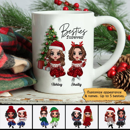 Christmas Doll Besties Sitting By Christmas Tree Personalized Mug