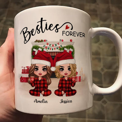 Christmas Pajamas Doll Besties Sisters Sitting At Fireplace Personalized Mug