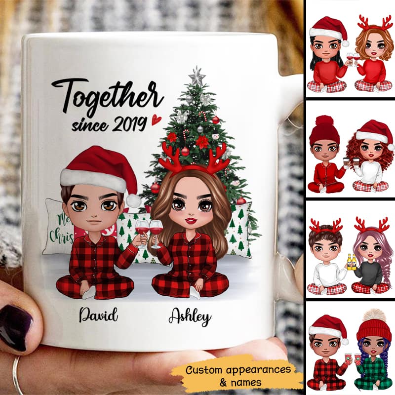 Pajama Doll Couple Sitting Beside Christmas Tree Personalized Mug
