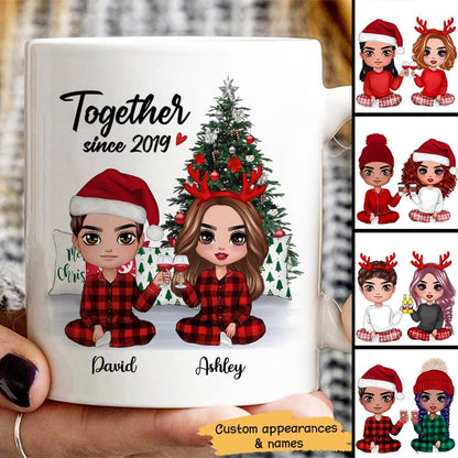 Pajama Doll Couple Sitting Beside Christmas Tree Personalized Mug