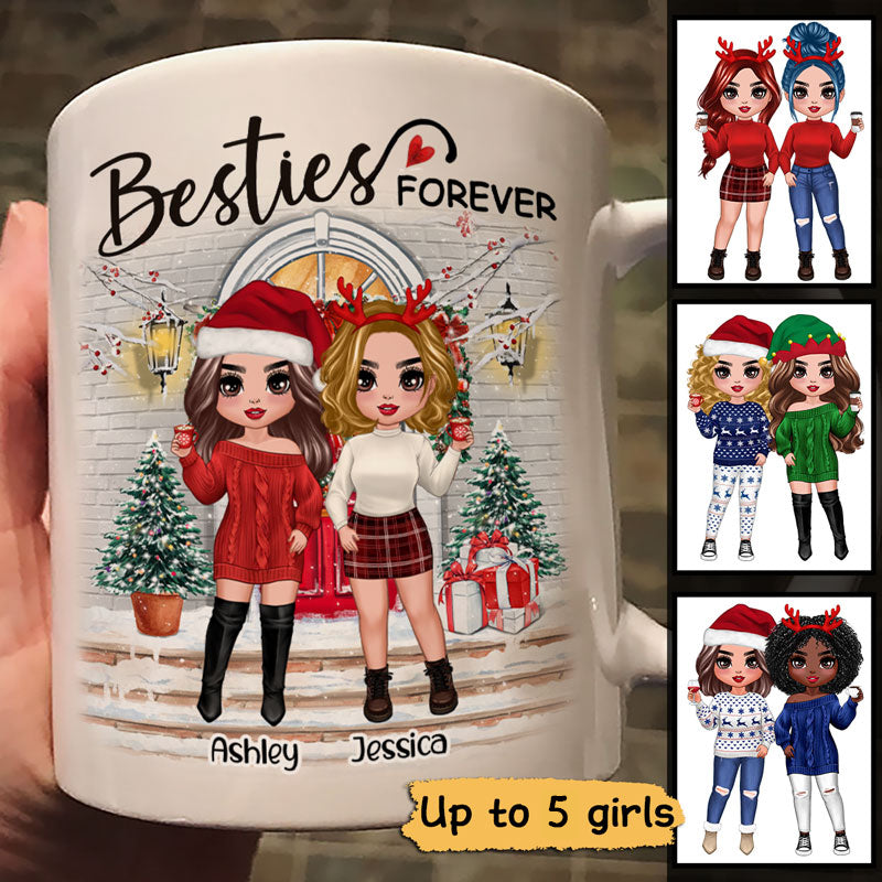 Christmas Doll Besties Standing On Front Porch Personalized Mug