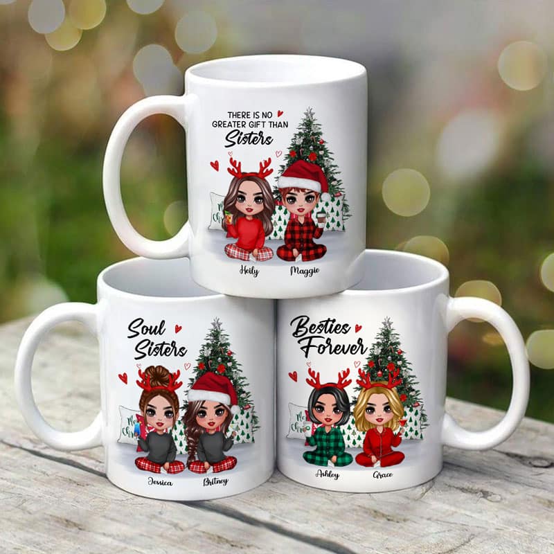 Christmas Pajamas Doll Besties Sisters Sitting Beside Christmas Tree Personalized Mug
