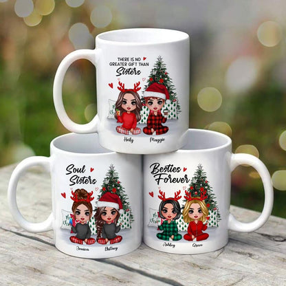 Christmas Pajamas Doll Besties Sisters Sitting Beside Christmas Tree Personalized Mug