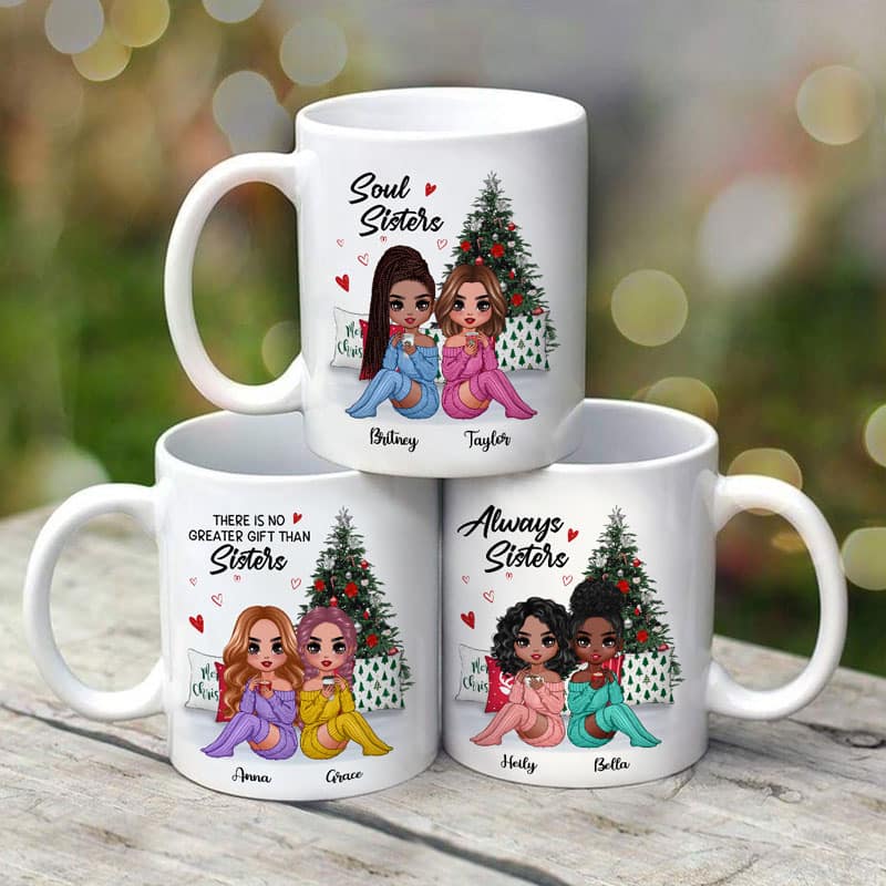 Doll Besties Sitting Beside Christmas Tree Personalized Mug