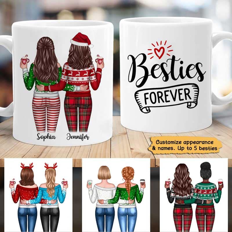 Besties Sisters Forever Christmas Besties Standing Back View Personalized Mug