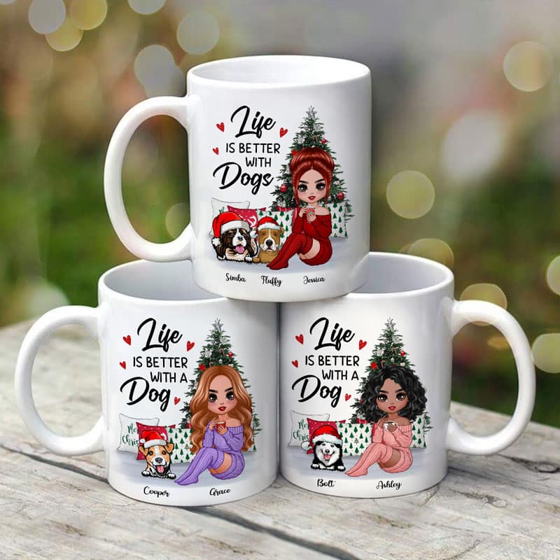 Doll Dog Mom Sitting Beside Christmas Tree Personalized Mug