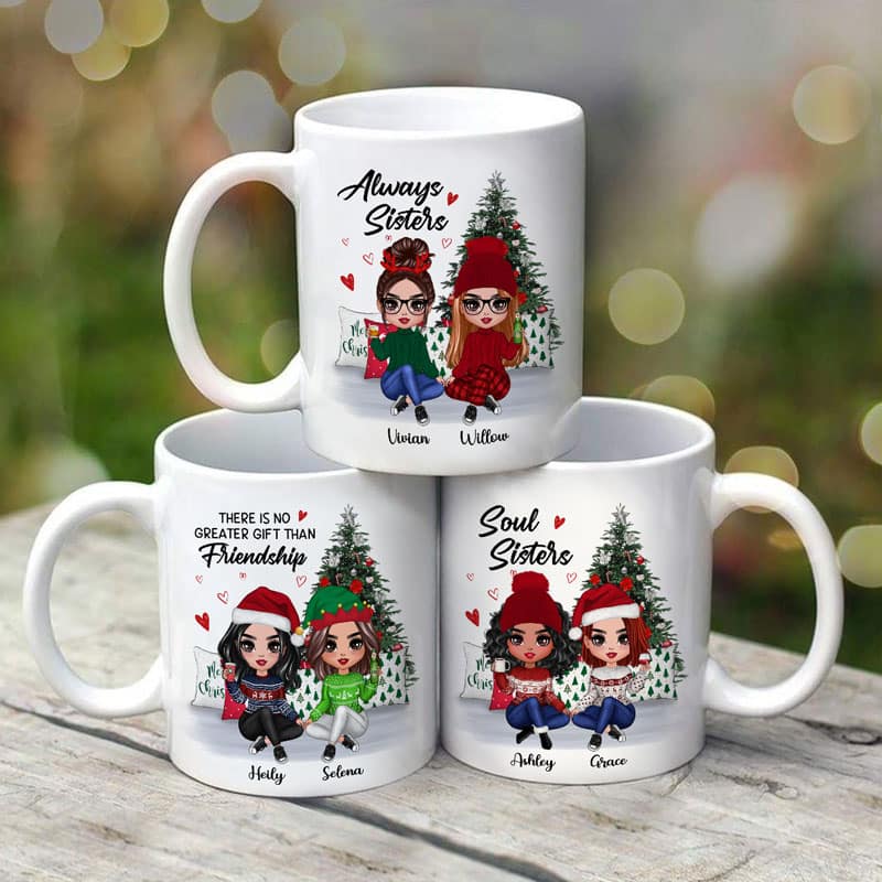 Doll Besties Best Friends Sitting Beside Christmas Tree Personalized Mug