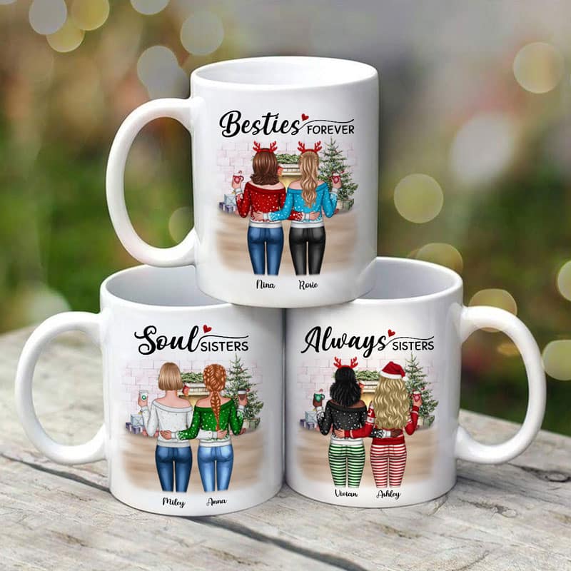 Christmas Besties Standing Back View In House Personalized Mug