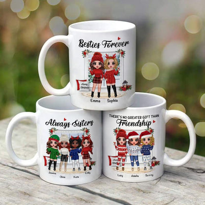 Christmas Doll Besties Standing By The Window Personalized Mug