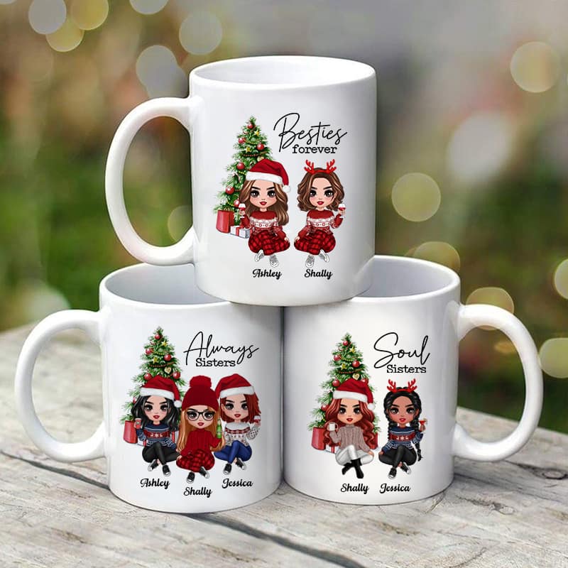 Christmas Doll Besties Sitting By Christmas Tree Personalized Mug