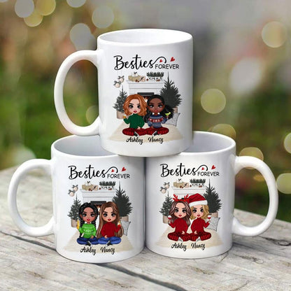 Christmas Doll Besties At Fireplace Personalized Mug