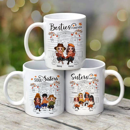 Besties Sisters Fall Season Front Porch Sketch Personalized Mug