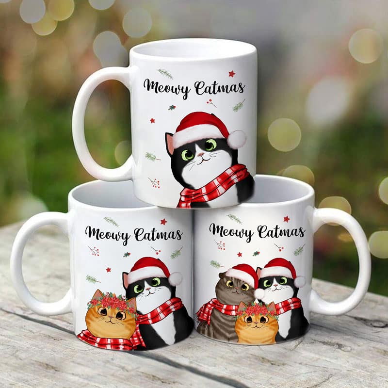 Meowy Catmas Cute Peeking Fluffy Cat Christmas Personalized Mug
