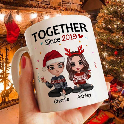 Christmas Doll Couple Sitting Confetti Personalized Mug
